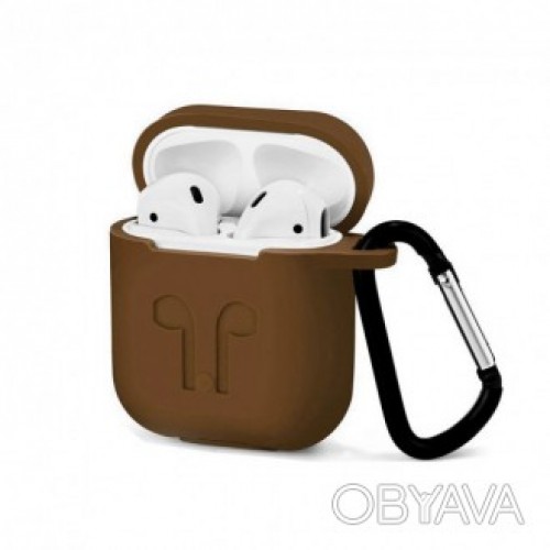 Чохол для AirPods silicone case logo с карабином /brown/