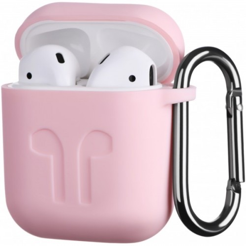 Чохол для AirPods silicone case logo с карабином /light pink/