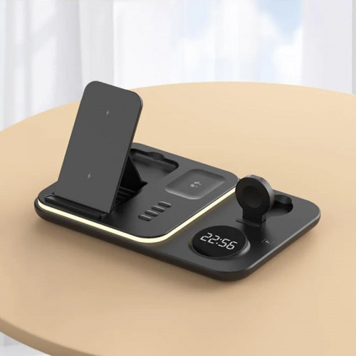 Бездротова зарядка стенд + годинник A82 5 in 1 Fast 30W /black/