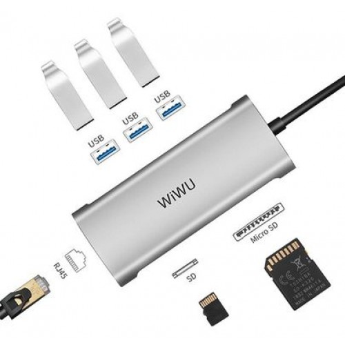 Перехідник Хаб USB-C 6in1 Wiwu LAN, SD, MicroSD, 3*USB 3.0 /silver/ A631STR