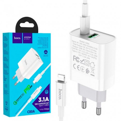Мережева зарядка Hoco C80A PD+QC3.0 (Type-C+Type-C) 18W /white/